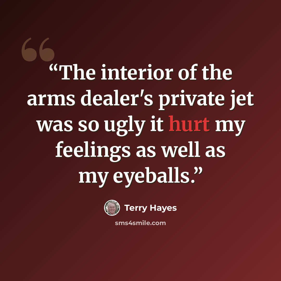 “The interior of the arms dealer's private jet was so ugly it hurt my feelings as well as my eyeballs.” quote by Terry Hayes