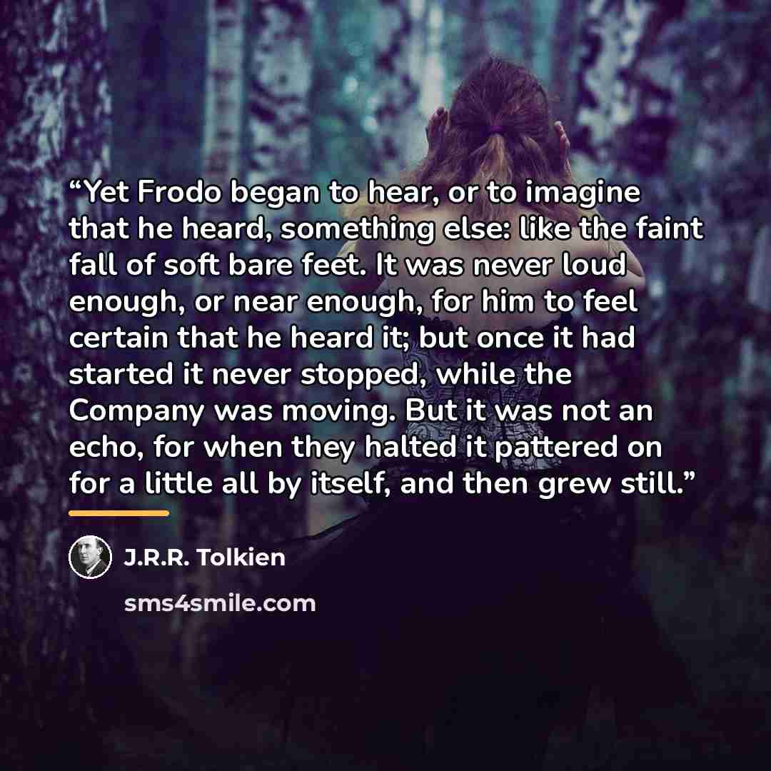 “Yet Frodo began to hear, or to imagine that he heard, something else: like the faint fall of soft bare feet. It was never loud enough, or near enough, for him to feel certain that he heard it; but once it had started it never stopped, while the Company was moving. But it was not an echo, for when…” quote by J.R.R. Tolkien