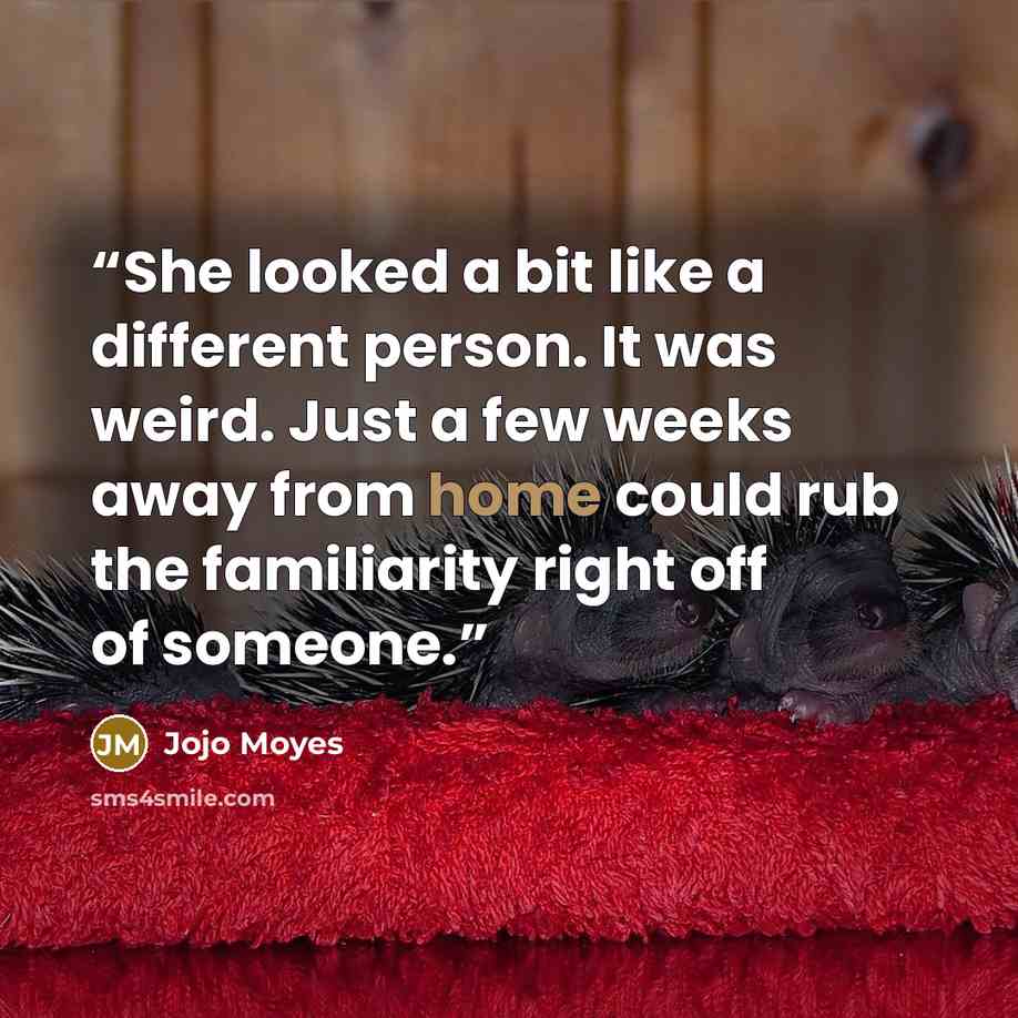 “She looked a bit like a different person. It was weird. Just a few weeks away from home could rub the familiarity right off of someone.” quote by Jojo Moyes