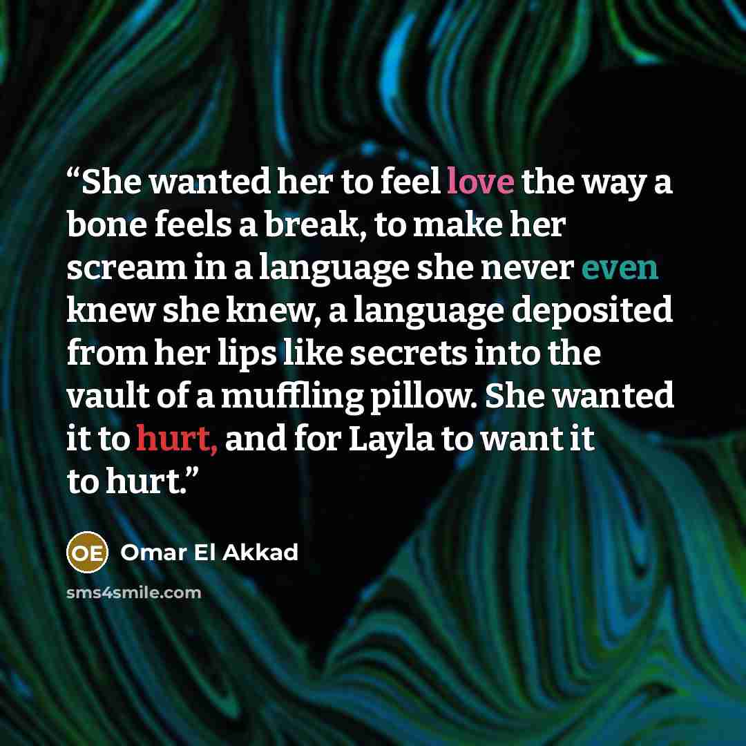 “She wanted her to feel love the way a bone feels a break, to make her scream in a language she never even knew she knew, a language deposited from her lips like secrets into the vault of a muffling pillow. She wanted it to hurt, and for Layla to want it to hurt.” quote by Omar El Akkad