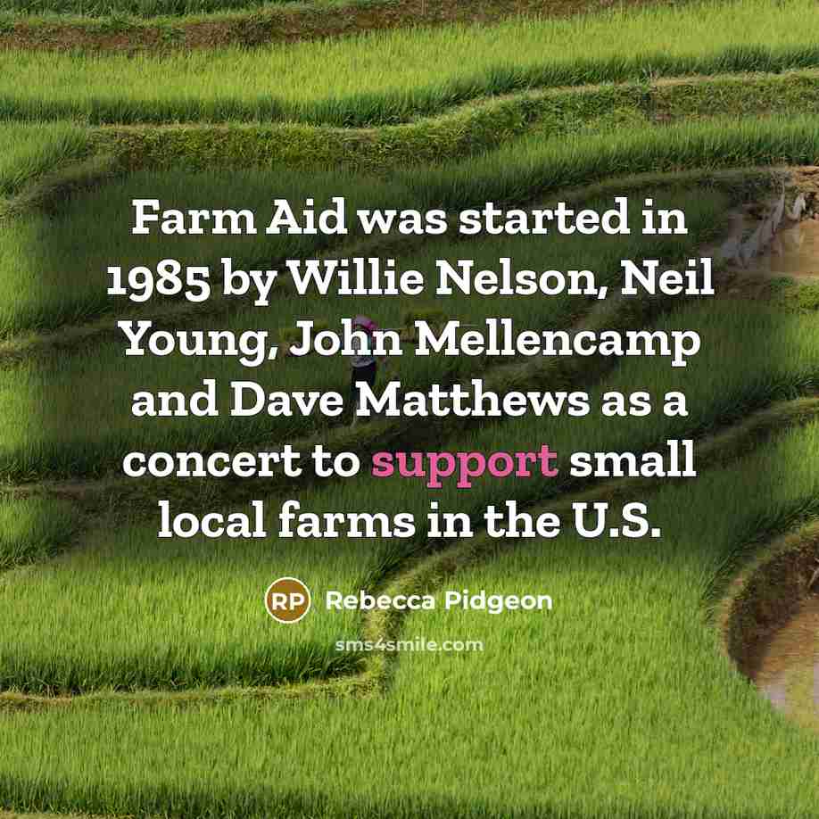 “Farm Aid was started in 1985 by Willie Nelson, Neil Young, John Mellencamp and Dave Matthews as a concert to support small local farms in the U.S.” quote by Rebecca Pidgeon