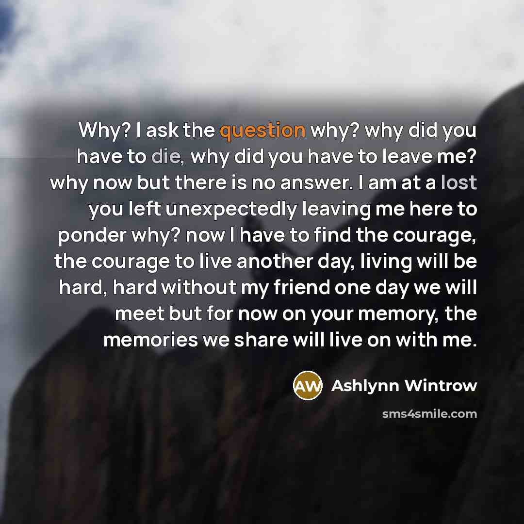 “Why? I ask the question why? why did you have to die, why did you have to leave me? why now but there is no answer. I am at a lost you left unexpectedly leaving me here to ponder why? now I have to find the courage, the courage to live another day, living will be hard, hard without my friend one…” quote by Ashlynn Wintrow