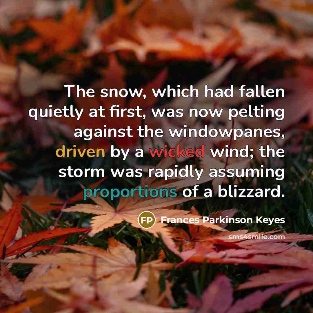 “The snow, which had fallen quietly at first, was now pelting against the windowpanes, driven by a wicked wind; the storm was rapidly assuming proportions of a blizzard.” quote by Frances Parkinson Keyes