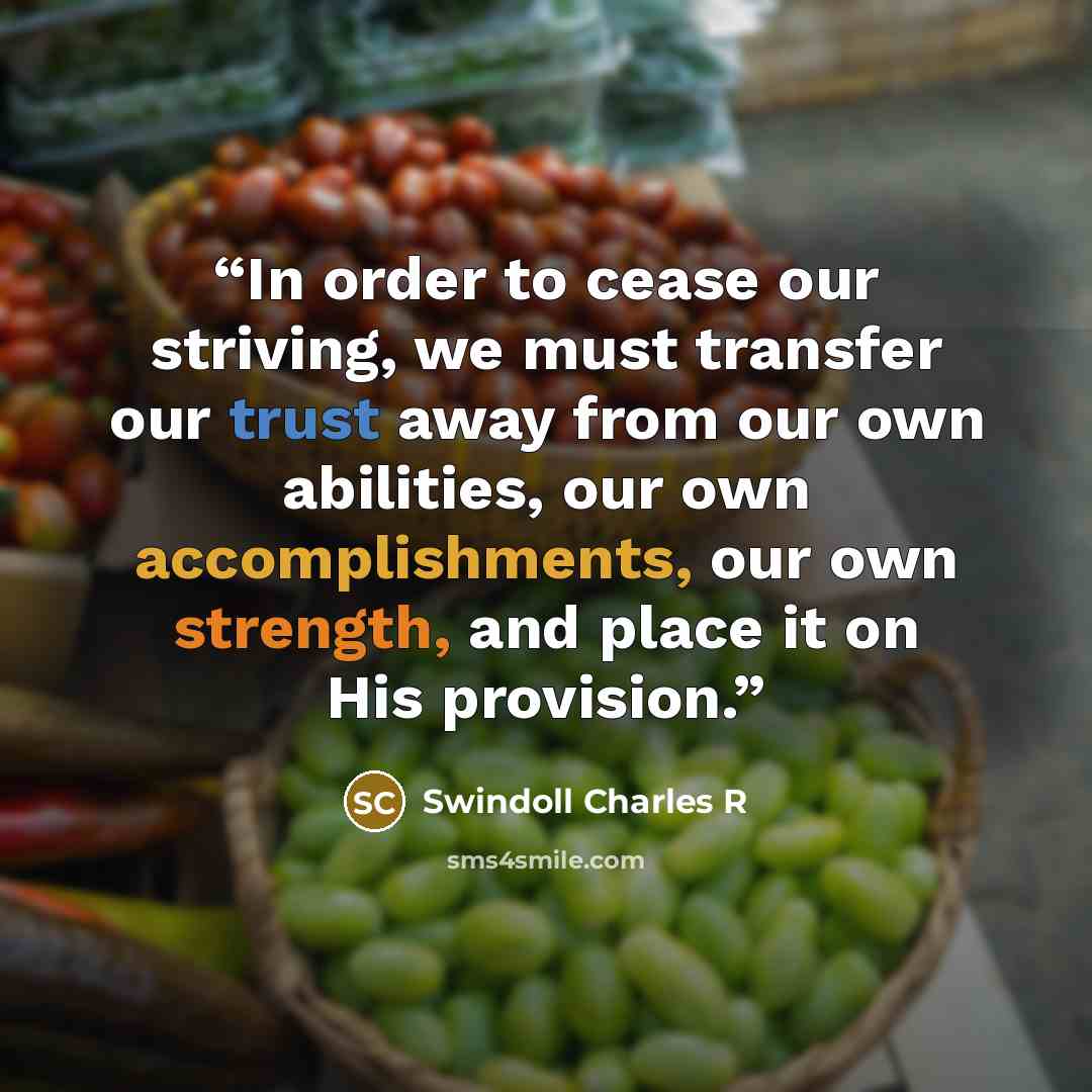 “In order to cease our striving, we must transfer our trust away from our own abilities, our own accomplishments, our own strength, and place it on His provision.” quote by Swindoll Charles R
