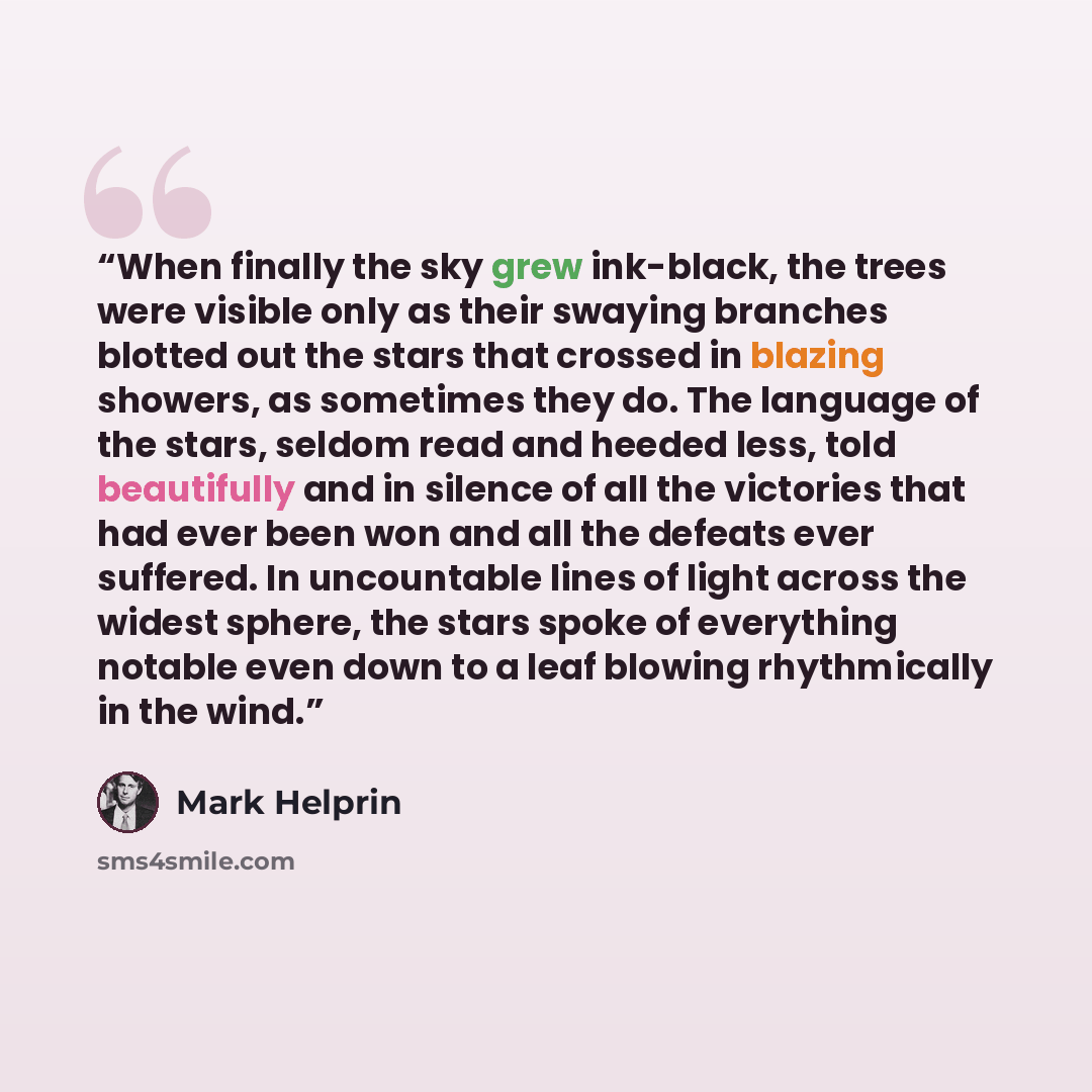 “When finally the sky grew ink-black, the trees were visible only as their swaying branches blotted out the stars that crossed in blazing showers, as sometimes they do. The language of the stars, seldom read and heeded less, told beautifully and in silence of all the victories that had ever been…” quote by Mark Helprin