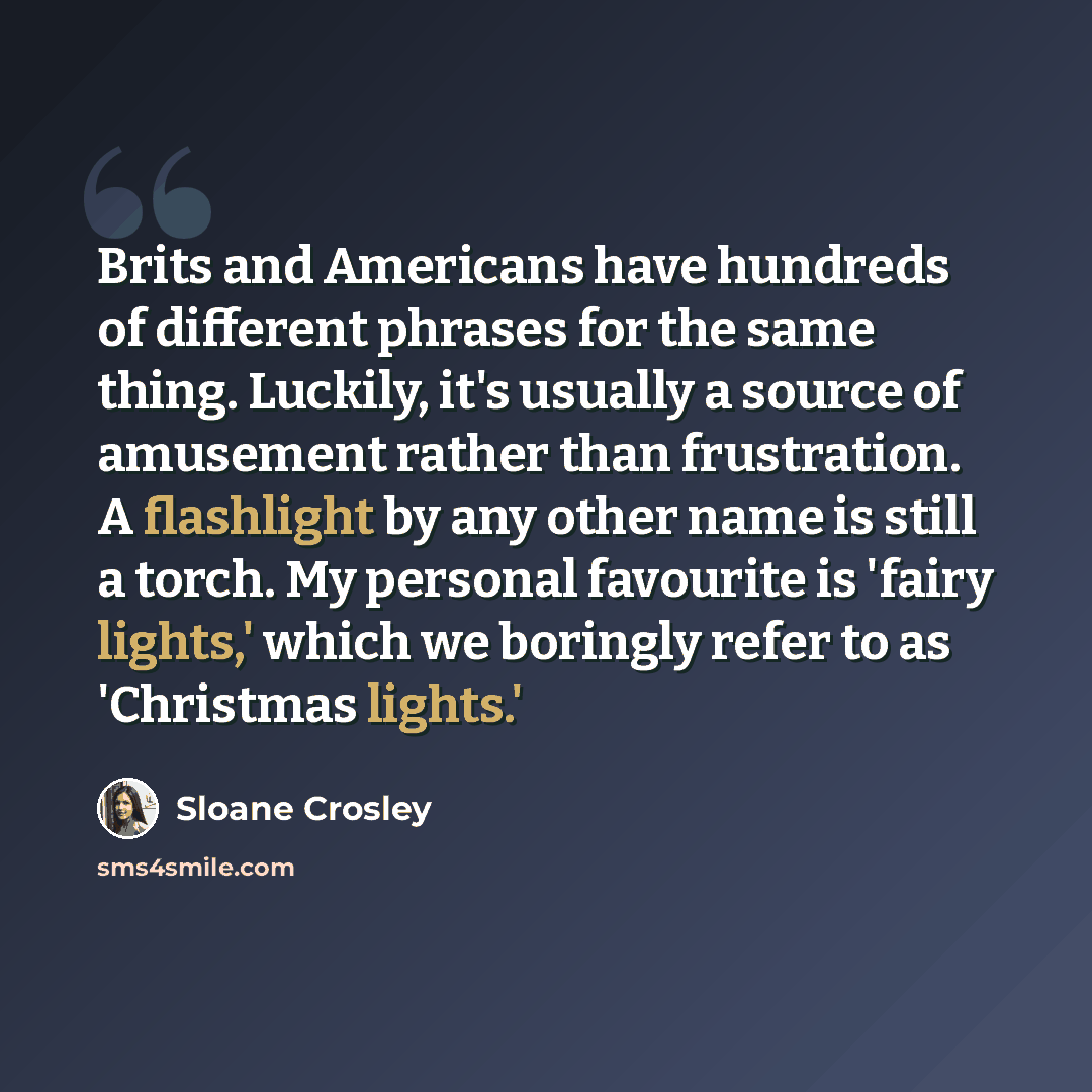 “Brits and Americans have hundreds of different phrases for the same thing. Luckily, it's usually a source of amusement rather than frustration. A flashlight by any other name is still a torch. My personal favourite is 'fairy lights,' which we boringly refer to as 'Christmas lights.'” quote by Sloane Crosley