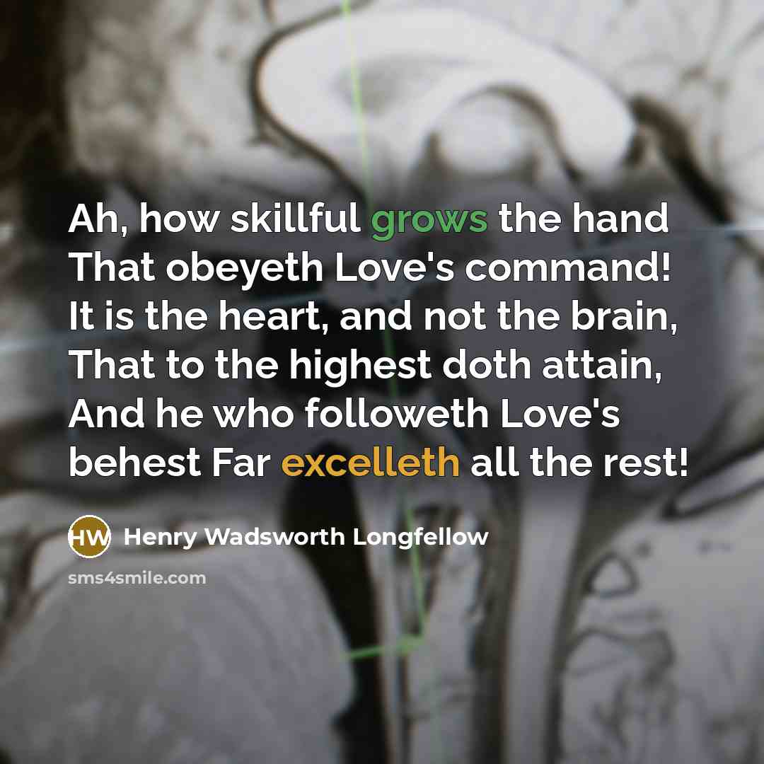 “Ah, how skillful grows the hand That obeyeth Love's command! It is the heart, and not the brain, That to the highest doth attain, And he who followeth Love's behest Far excelleth all the rest!” quote by Henry Wadsworth Longfellow