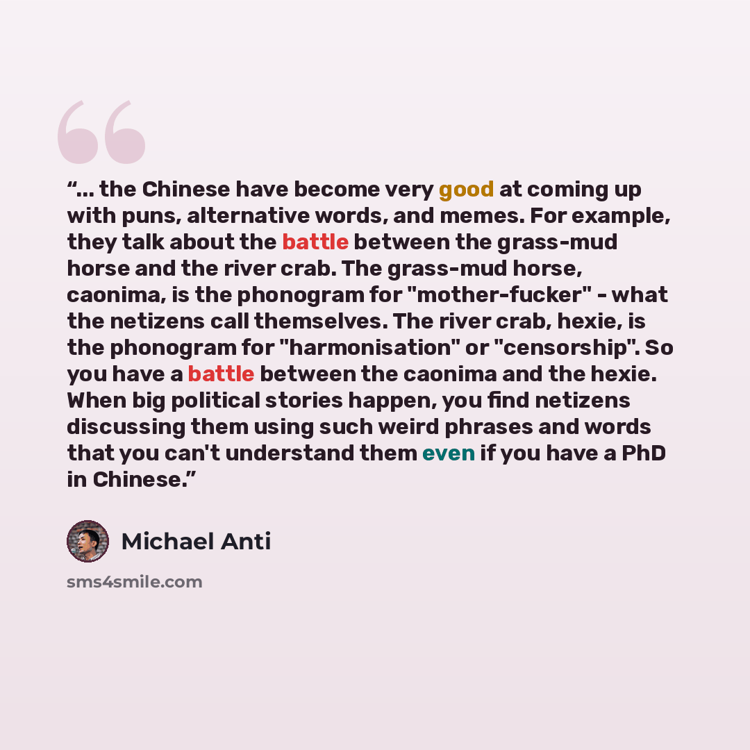 “... the Chinese have become very good at coming up with puns, alternative words, and memes. For example, they talk about the battle between the grass-mud horse and the river crab. The grass-mud horse, caonima, is the phonogram for "mother-fucker" - what the netizens call themselves. The river…” quote by Michael Anti