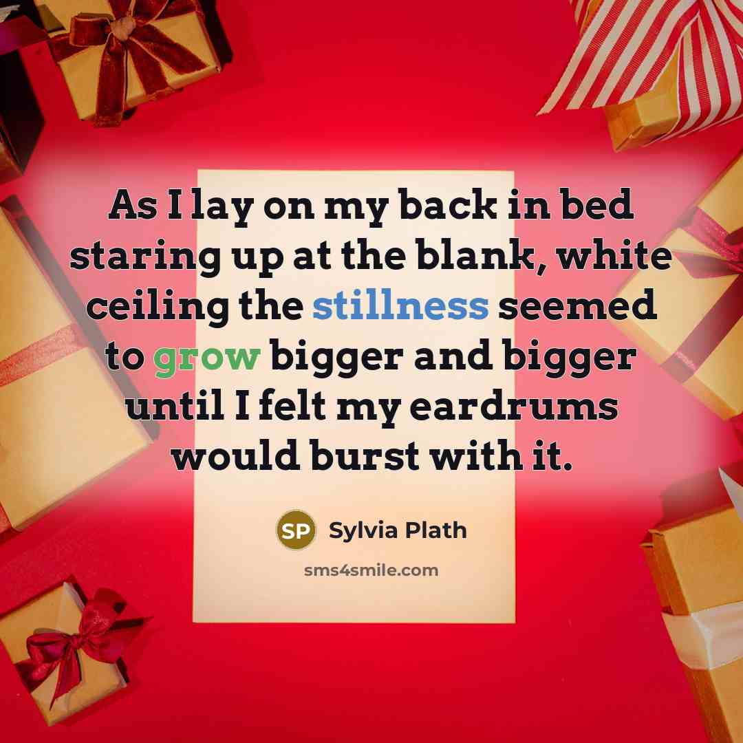 “As I lay on my back in bed staring up at the blank, white ceiling the stillness seemed to grow bigger and bigger until I felt my eardrums would burst with it.” quote by Sylvia Plath