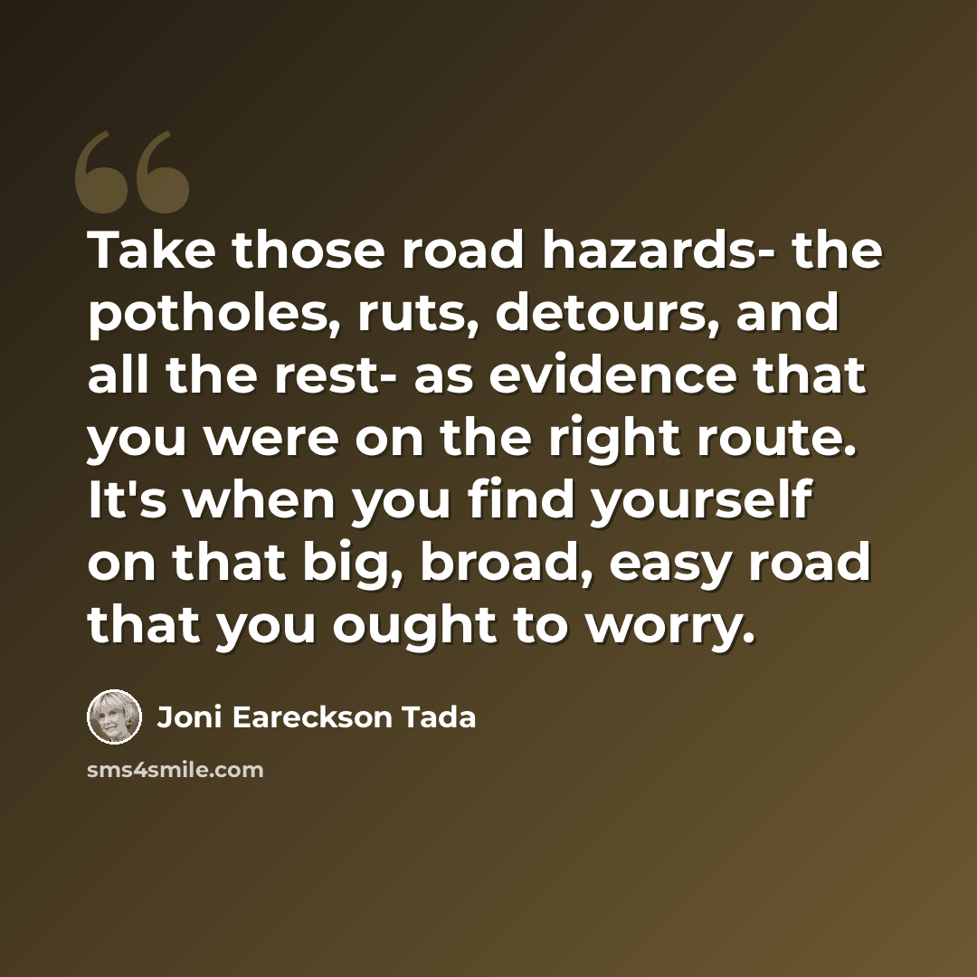 “Take those road hazards- the potholes, ruts, detours, and all the rest- as evidence that you were on the right route. It's when you find yourself on that big, broad, easy road that you ought to worry.” quote by Joni Eareckson Tada