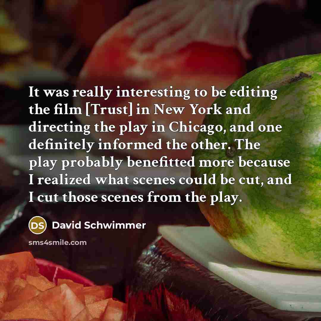 “It was really interesting to be editing the film [Trust] in New York and directing the play in Chicago, and one definitely informed the other. The play probably benefitted more because I realized what scenes could be cut, and I cut those scenes from the play.” quote by David Schwimmer