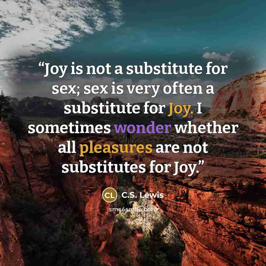 “Joy is not a substitute for sex; sex is very often a substitute for Joy. I sometimes wonder whether all pleasures are not substitutes for Joy.” quote by C.S. Lewis