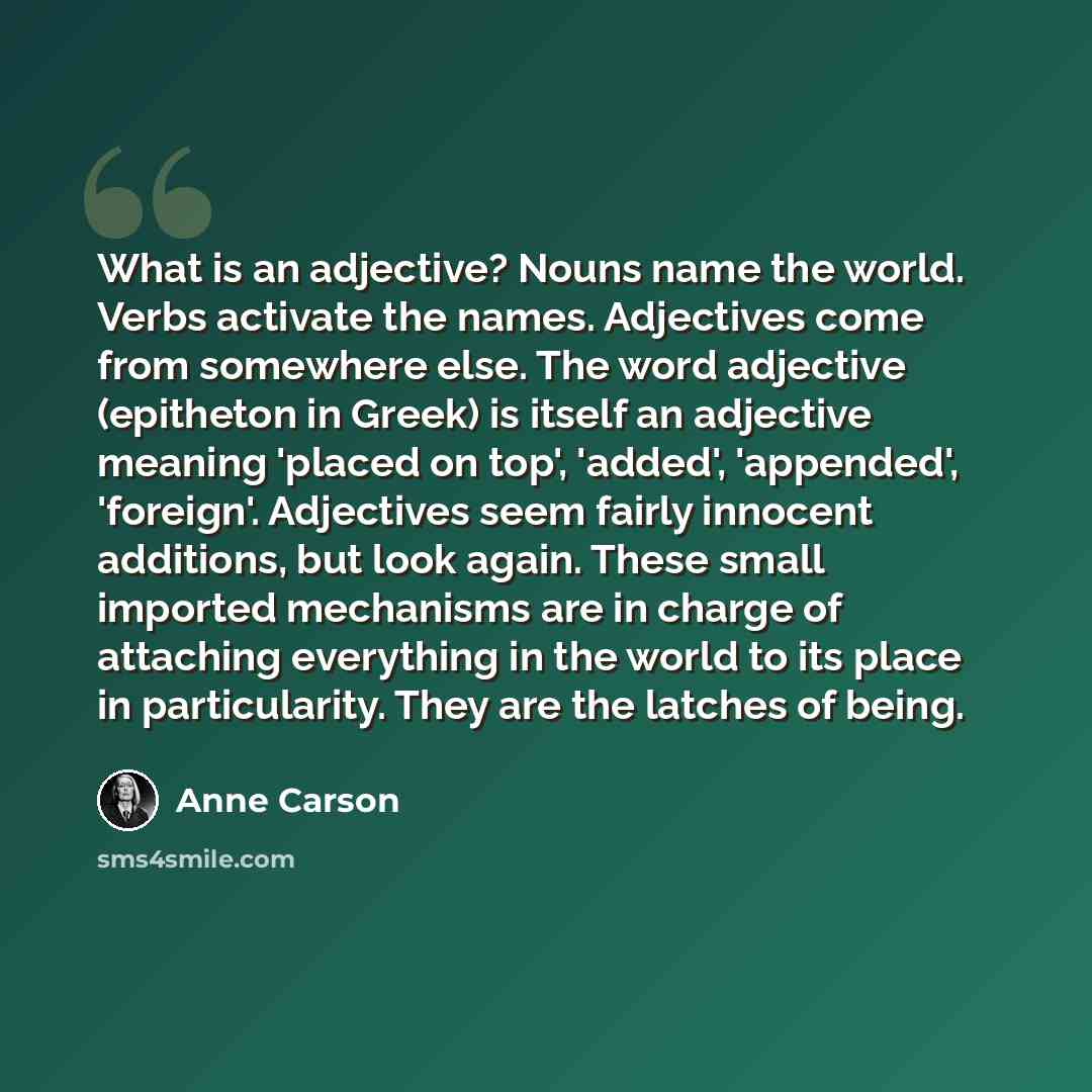 “What is an adjective? Nouns name the world. Verbs activate the names. Adjectives come from somewhere else. The word adjective (epitheton in Greek) is itself an adjective meaning 'placed on top', 'added', 'appended', 'foreign'. Adjectives seem fairly innocent additions, but look again. These small…” quote by Anne Carson