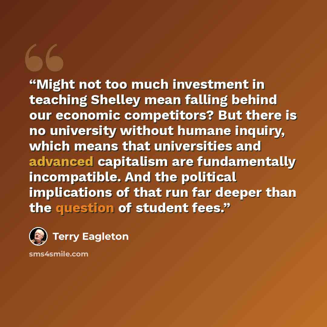 “Might not too much investment in teaching Shelley mean falling behind our economic competitors? But there is no university without humane inquiry, which means that universities and advanced capitalism are fundamentally incompatible. And the political implications of that run far deeper than the…” quote by Terry Eagleton