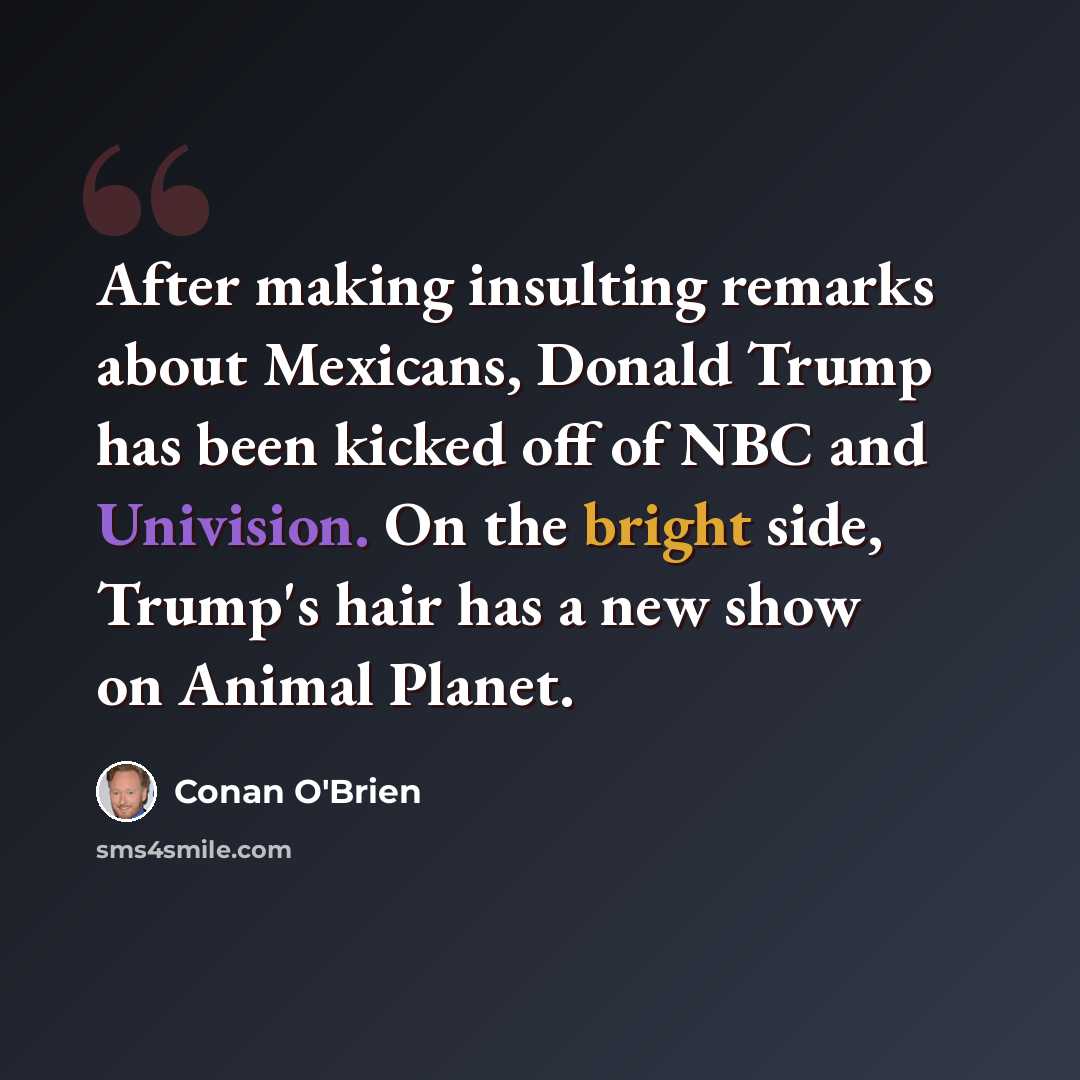 “After making insulting remarks about Mexicans, Donald Trump has been kicked off of NBC and Univision. On the bright side, Trump's hair has a new show on Animal Planet.” quote by Conan O'Brien
