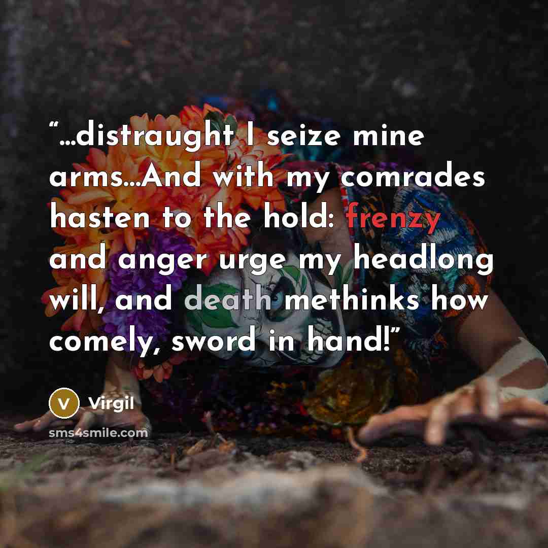 “...distraught I seize mine arms…And with my comrades hasten to the hold: frenzy and anger urge my headlong will, and death methinks how comely, sword in hand!” quote by Virgil