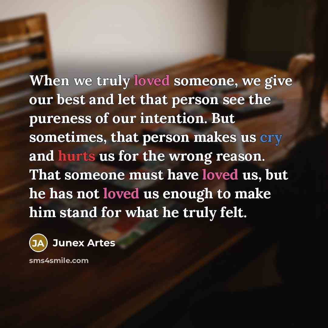 “When we truly loved someone, we give our best and let that person see the pureness of our intention. But sometimes, that person makes us cry and hurts us for the wrong reason. That someone must have loved us, but he has not loved us enough to make him stand for what he truly felt.” quote by Junex Artes