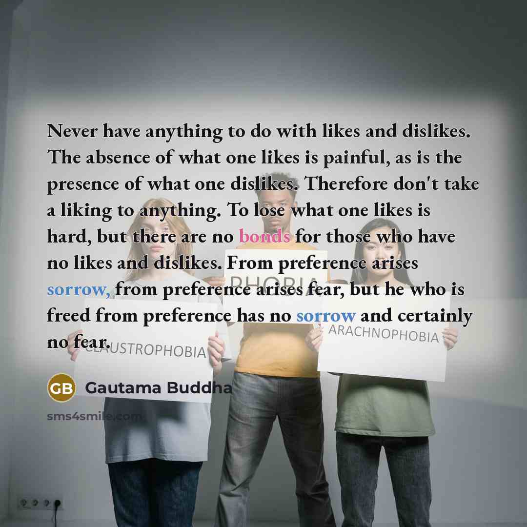 “Never have anything to do with likes and dislikes. The absence of what one likes is painful, as is the presence of what one dislikes. Therefore don't take a liking to anything. To lose what one likes is hard, but there are no bonds for those who have no likes and dislikes. From preference arises…” quote by Gautama Buddha