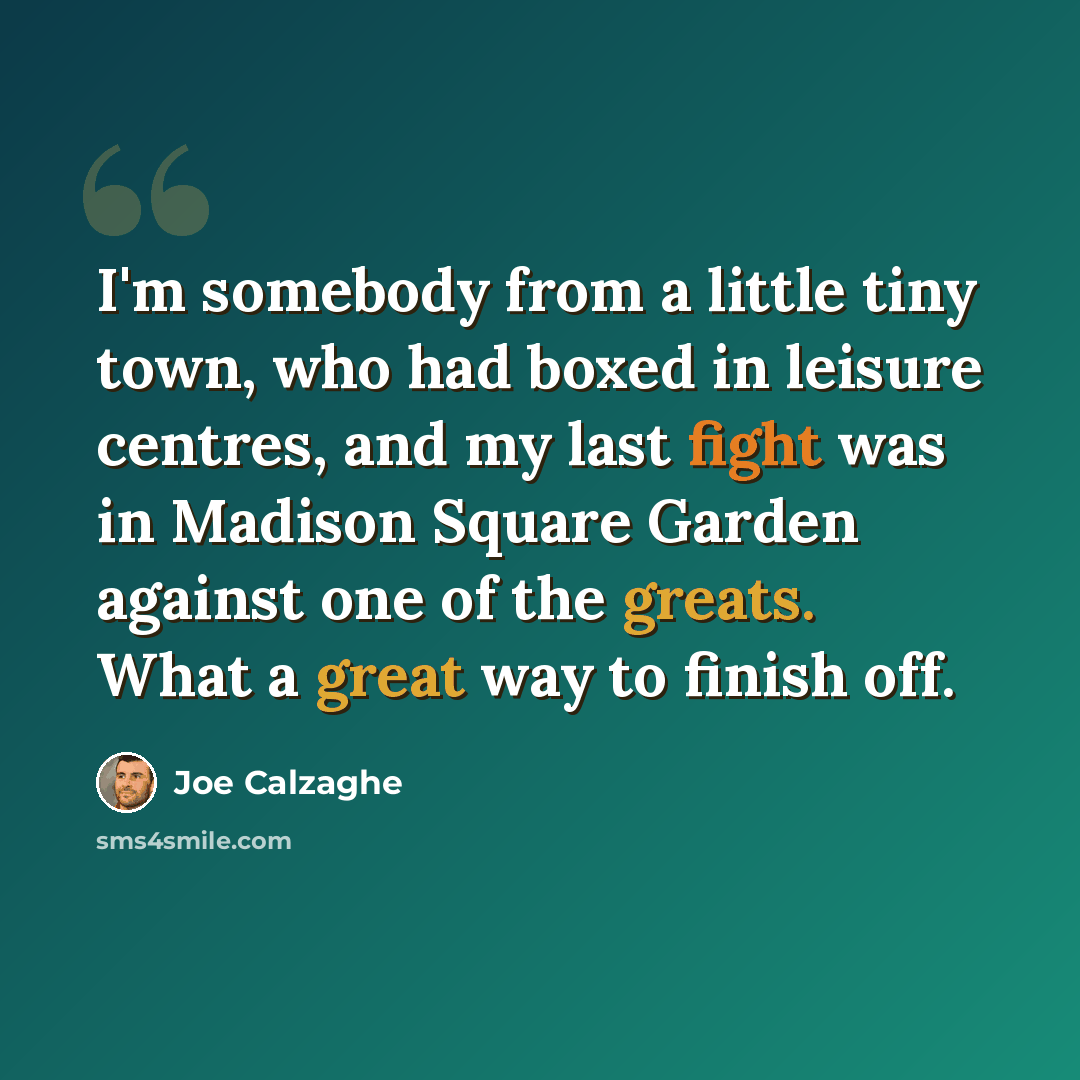 “I'm somebody from a little tiny town, who had boxed in leisure centres, and my last fight was in Madison Square Garden against one of the greats. What a great way to finish off.” quote by Joe Calzaghe