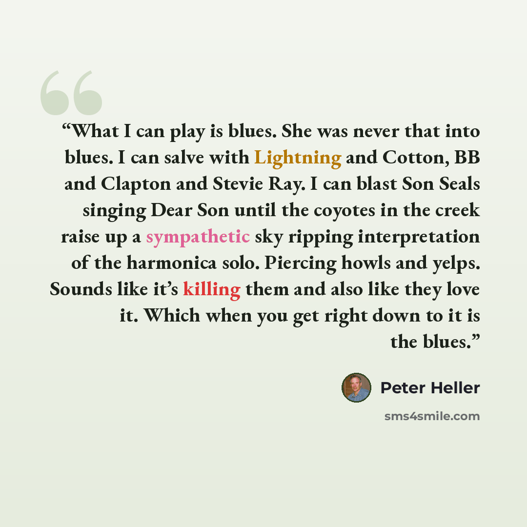 “What I can play is blues. She was never that into blues. I can salve with Lightning and Cotton, BB and Clapton and Stevie Ray. I can blast Son Seals singing Dear Son until the coyotes in the creek raise up a sympathetic sky ripping interpretation of the harmonica solo. Piercing howls and yelps…” quote by Peter Heller