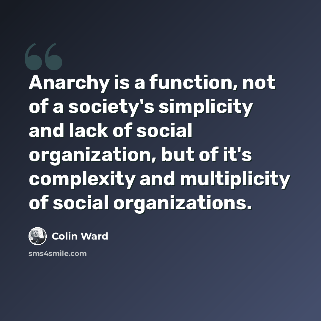 “Anarchy is a function, not of a society's simplicity and lack of social organization, but of it's complexity and multiplicity of social organizations.” quote by Colin Ward