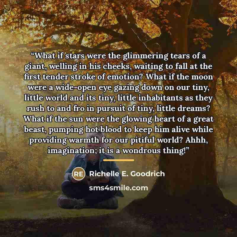“What if stars were the glimmering tears of a giant, welling in his cheeks, waiting to fall at the first tender stroke of emotion? What if the moon were a wide-open eye gazing down on our tiny, little world and its tiny, little inhabitants as they rush to and fro in pursuit of tiny, little dreams?…” quote by Richelle E. Goodrich