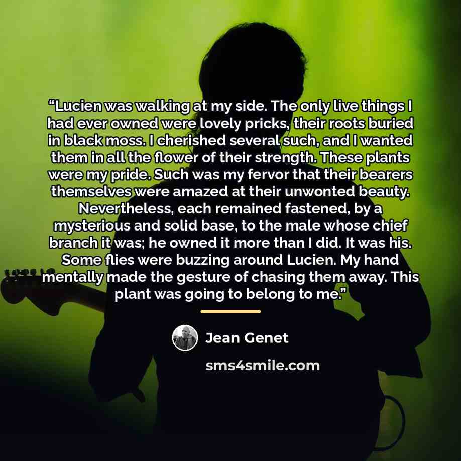 “Lucien was walking at my side. The only live things I had ever owned were lovely pricks, their roots buried in black moss. I cherished several such, and I wanted them in all the flower of their strength. These plants were my pride. Such was my fervor that their bearers themselves were amazed at…” quote by Jean Genet