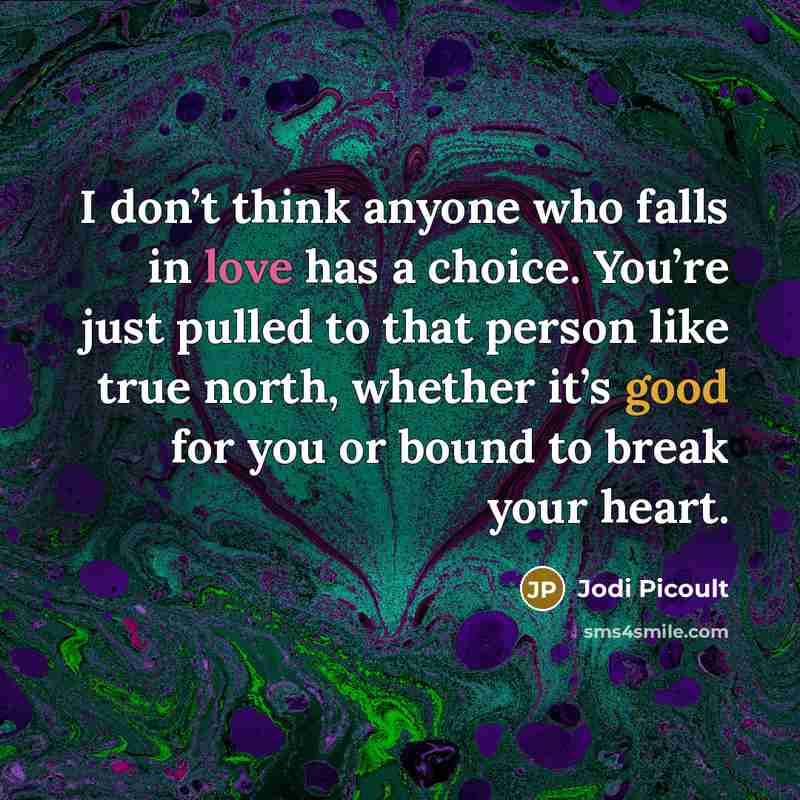 “I don’t think anyone who falls in love has a choice. You’re just pulled to that person like true north, whether it’s good for you or bound to break your heart.” quote by Jodi Picoult