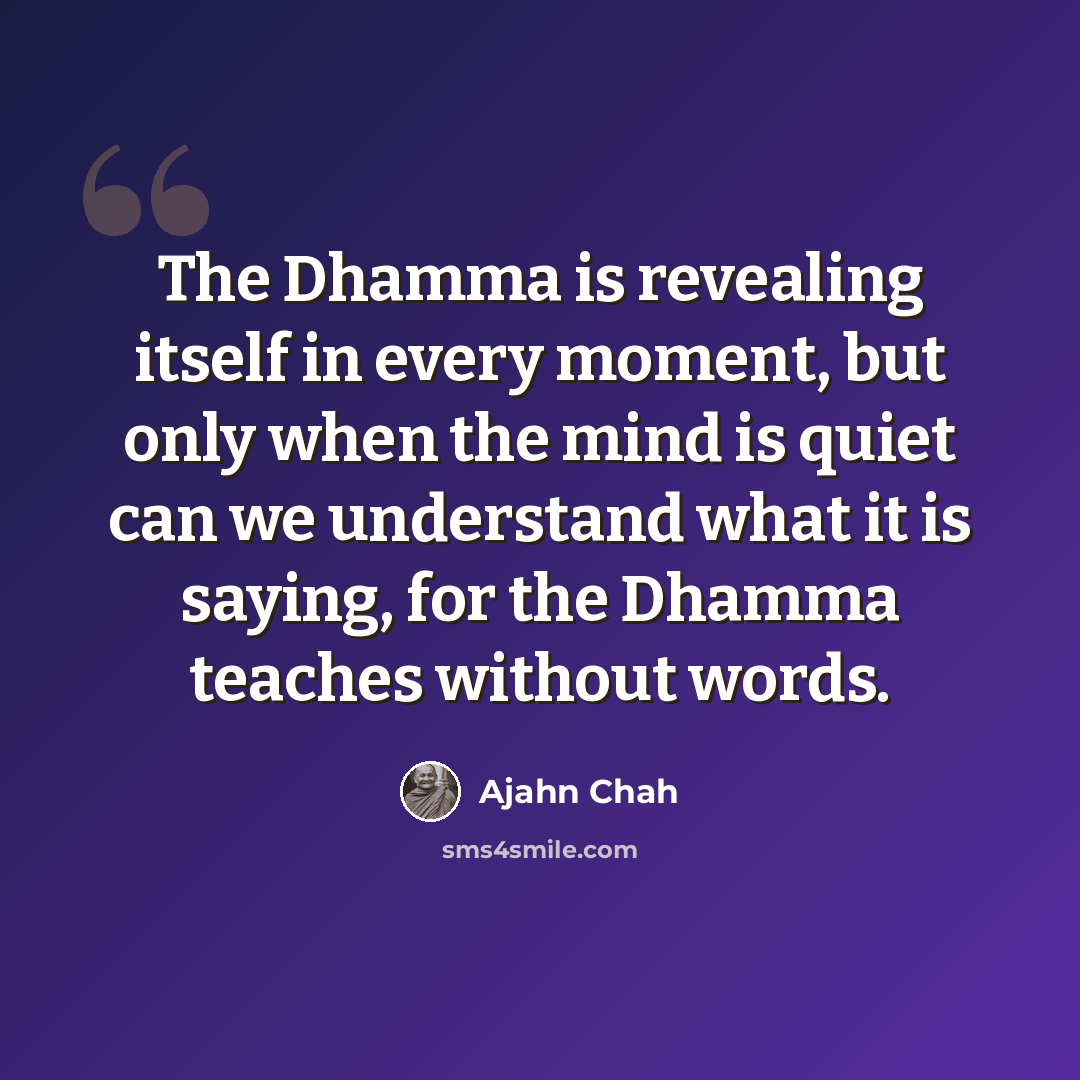“The Dhamma is revealing itself in every moment, but only when the mind is quiet can we understand what it is saying, for the Dhamma teaches without words.” quote by Ajahn Chah