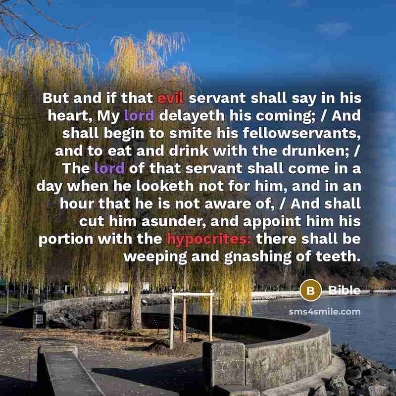 “But and if that evil servant shall say in his heart, My lord delayeth his coming; / And shall begin to smite his fellowservants, and to eat and drink with the drunken; / The lord of that servant shall come in a day when he looketh not for him, and in an hour that he is not aware of, / And shall…” quote by Bible