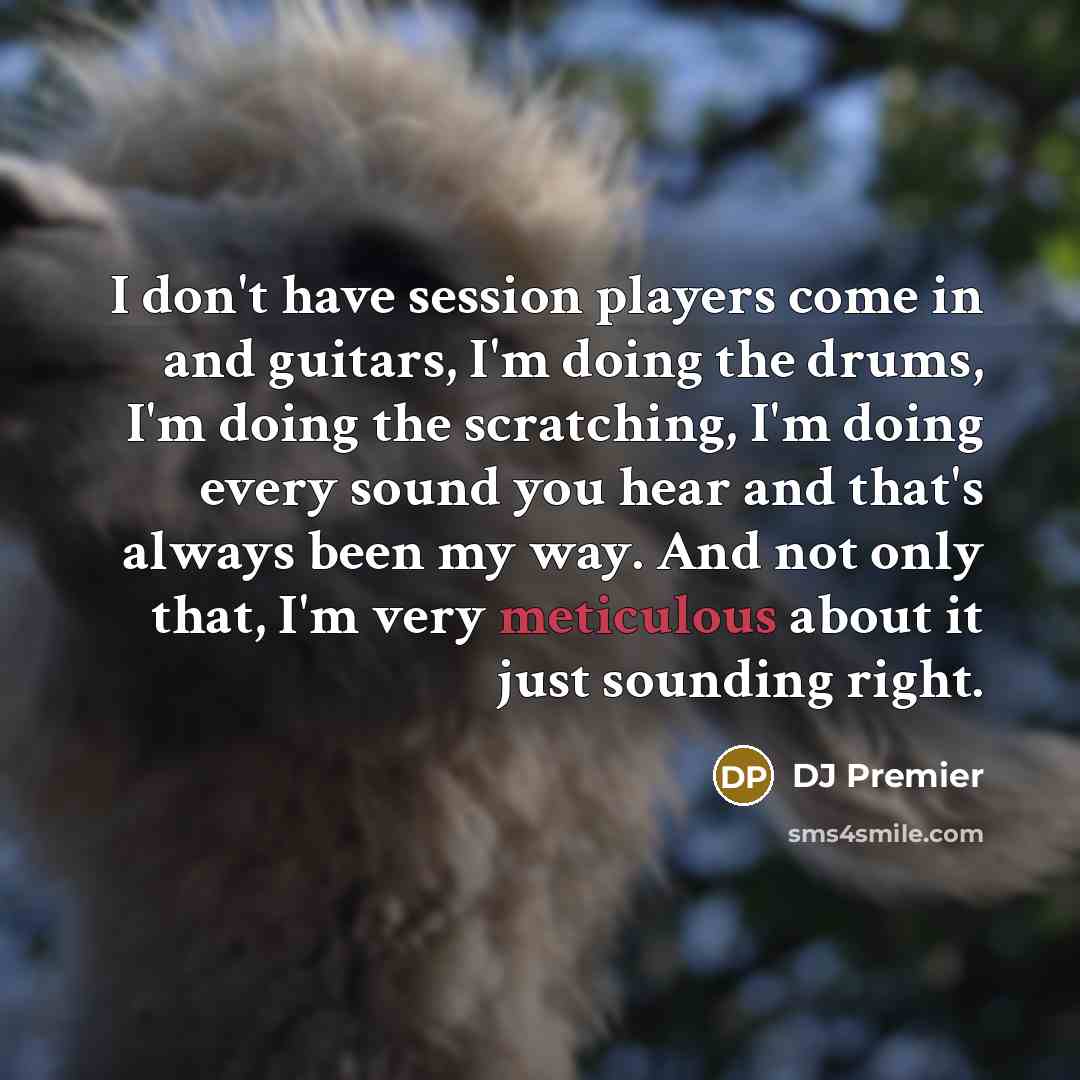 “I don't have session players come in and guitars, I'm doing the drums, I'm doing the scratching, I'm doing every sound you hear and that's always been my way. And not only that, I'm very meticulous about it just sounding right.” quote by DJ Premier