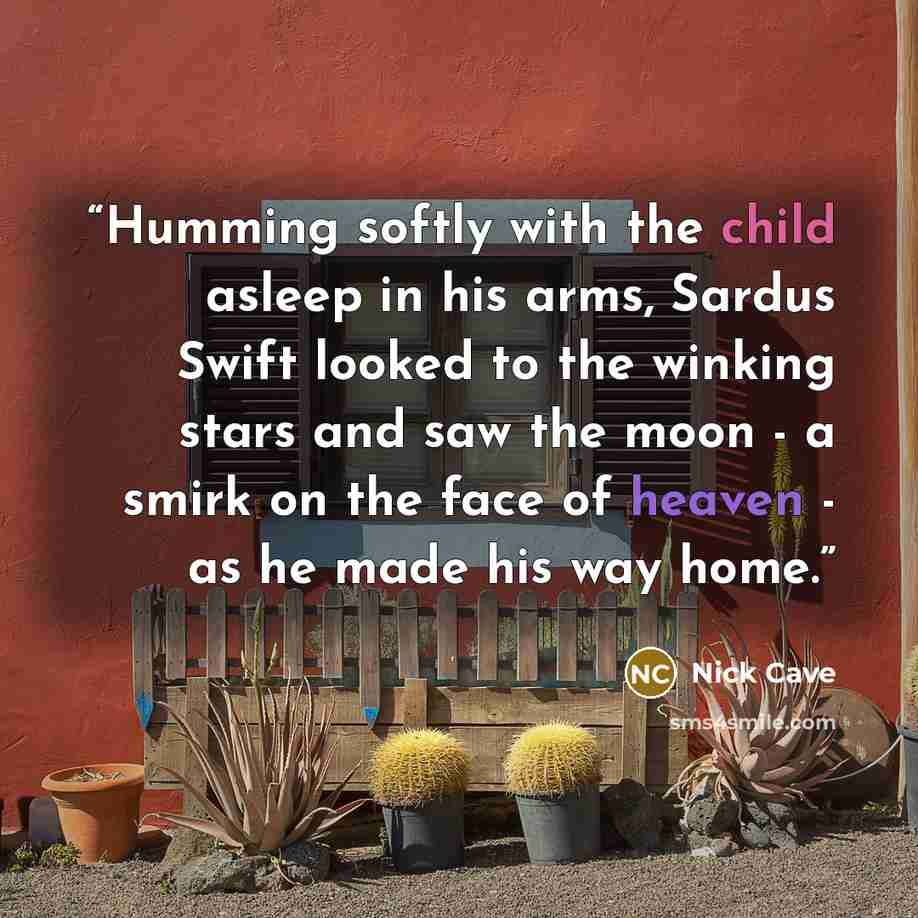 “Humming softly with the child asleep in his arms, Sardus Swift looked to the winking stars and saw the moon - a smirk on the face of heaven - as he made his way home.” quote by Nick Cave