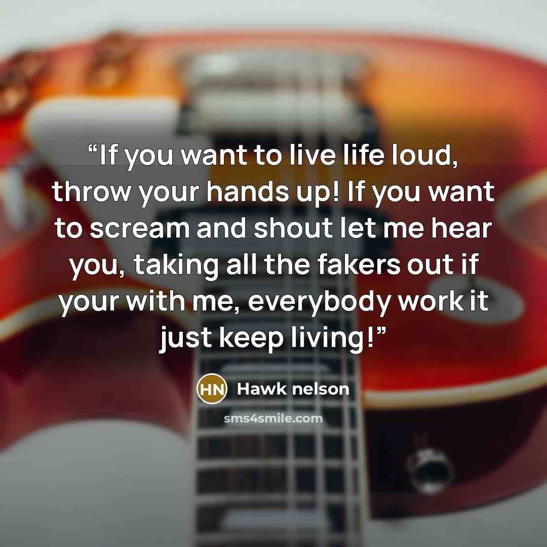 “If you want to live life loud, throw your hands up! If you want to scream and shout let me hear you, taking all the fakers out if your with me, everybody work it just keep living!” quote by Hawk Nelson