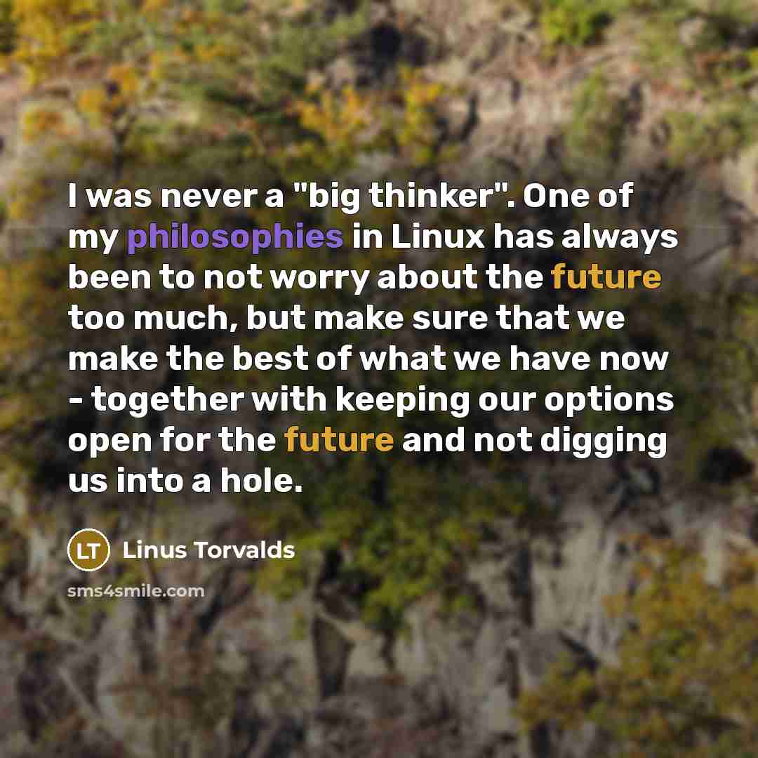 “I was never a "big thinker". One of my philosophies in Linux has always been to not worry about the future too much, but make sure that we make the best of what we have now - together with keeping our options open for the future and not digging us into a hole.” quote by Linus Torvalds