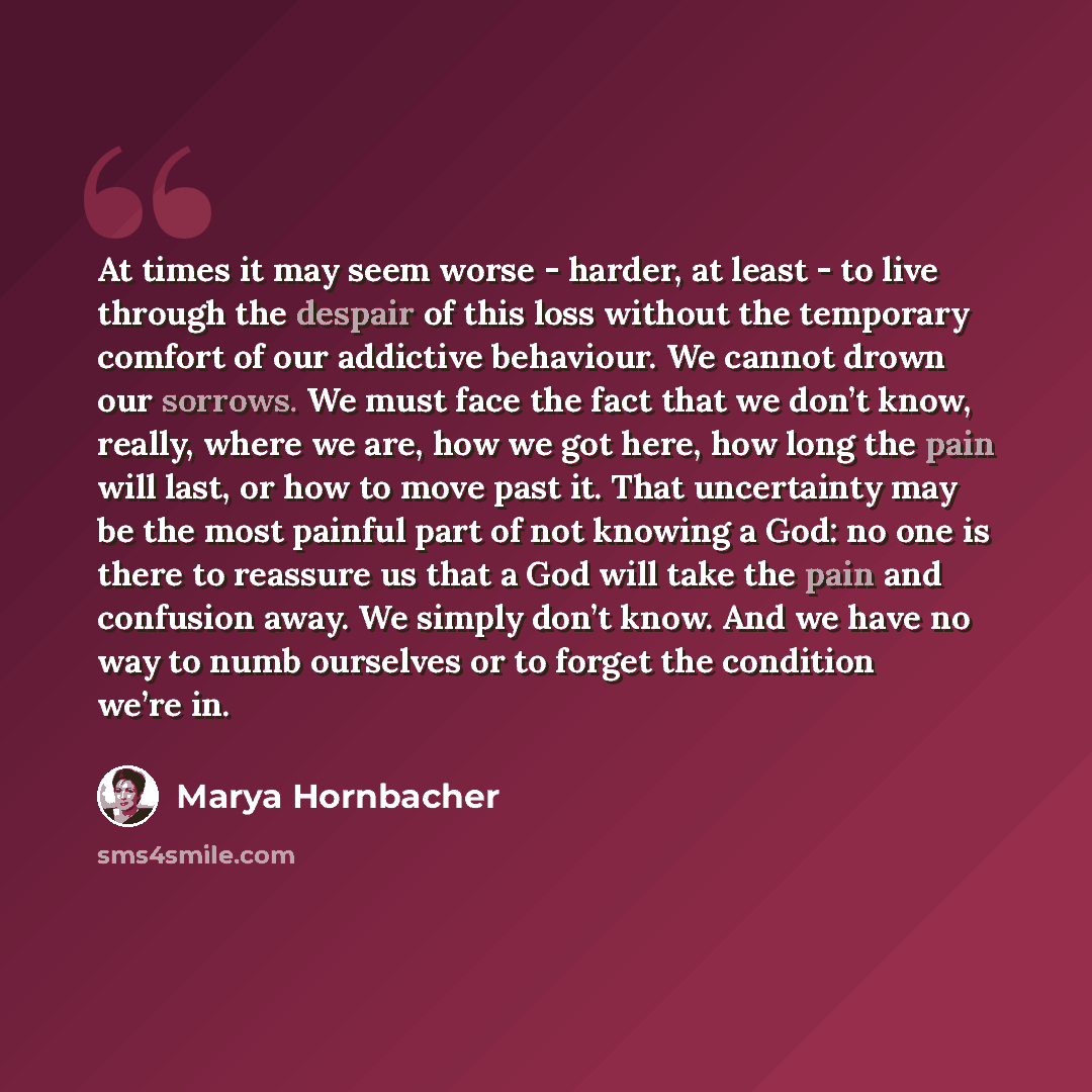 “At times it may seem worse - harder, at least - to live through the despair of this loss without the temporary comfort of our addictive behaviour. We cannot drown our sorrows. We must face the fact that we don’t know, really, where we are, how we got here, how long the pain will last, or how to…” quote by Marya Hornbacher