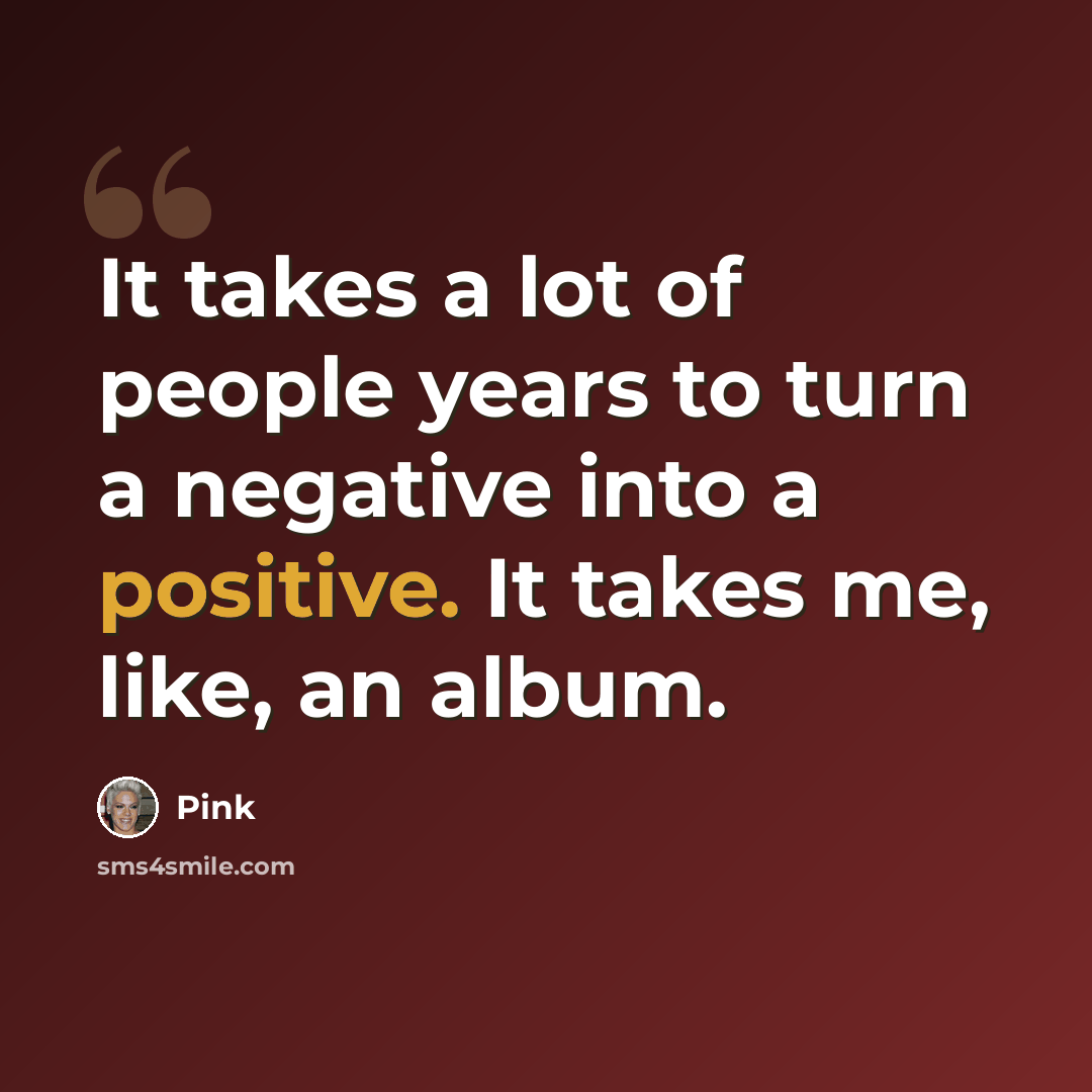 “It takes a lot of people years to turn a negative into a positive. It takes me, like, an album.” quote by Pink