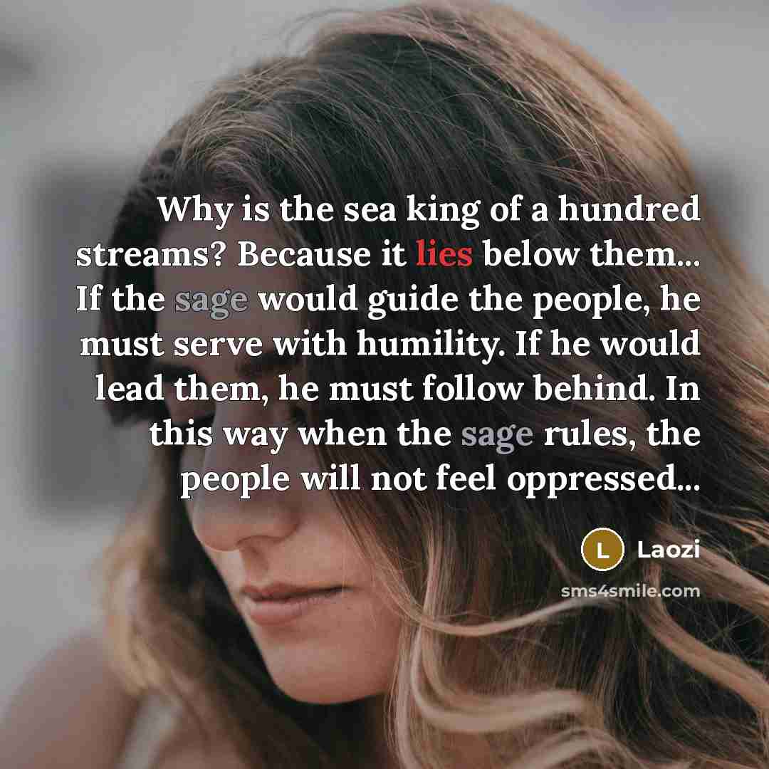 “Why is the sea king of a hundred streams? Because it lies below them... If the sage would guide the people, he must serve with humility. If he would lead them, he must follow behind. In this way when the sage rules, the people will not feel oppressed...” quote by Laozi