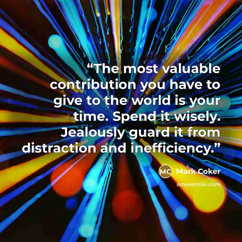 “The most valuable contribution you have to give to the world is your time. Spend it wisely. Jealously guard it from distraction and inefficiency.” quote by Mark Coker