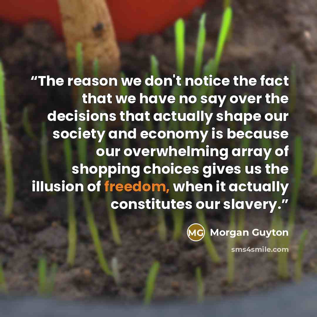 “The reason we don't notice the fact that we have no say over the decisions that actually shape our society and economy is because our overwhelming array of shopping choices gives us the illusion of freedom, when it actually constitutes our slavery.” quote by Morgan Guyton
