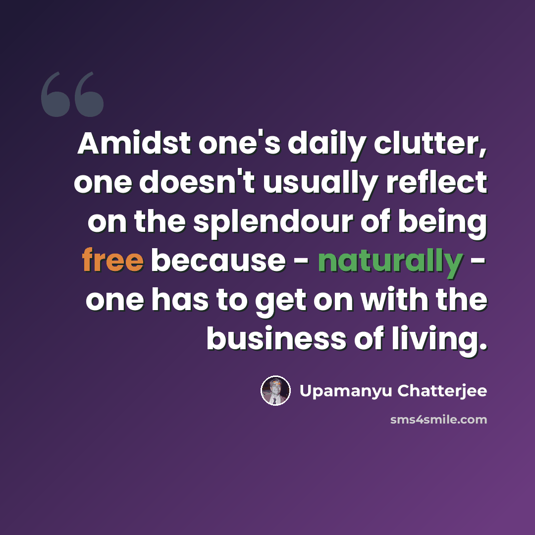 “Amidst one's daily clutter, one doesn't usually reflect on the splendour of being free because - naturally - one has to get on with the business of living.” quote by Upamanyu Chatterjee