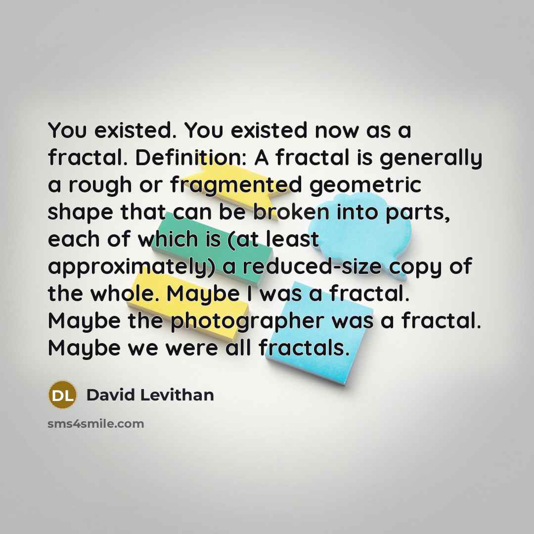 “You existed. You existed now as a fractal. Definition: A fractal is generally a rough or fragmented geometric shape that can be broken into parts, each of which is (at least approximately) a reduced-size copy of the whole. Maybe I was a fractal. Maybe the photographer was a fractal. Maybe we were…” quote by David Levithan