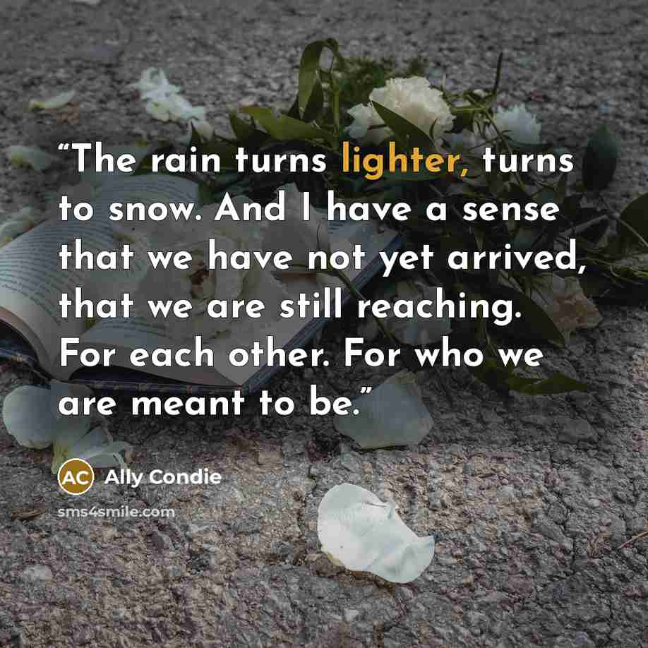 “The rain turns lighter, turns to snow. And I have a sense that we have not yet arrived, that we are still reaching. For each other. For who we are meant to be.” quote by Ally Condie