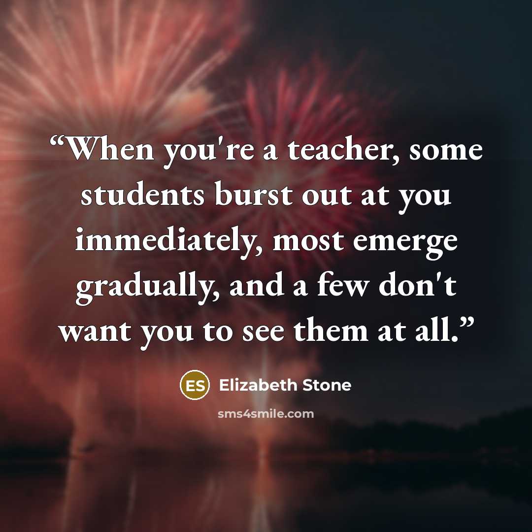 “When you're a teacher, some students burst out at you immediately, most emerge gradually, and a few don't want you to see them at all.” quote by Elizabeth Stone