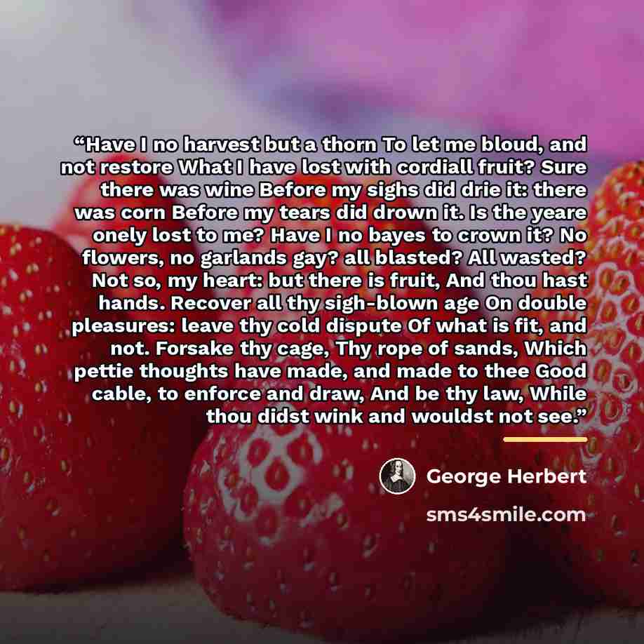 “Have I no harvest but a thorn To let me bloud, and not restore What I have lost with cordiall fruit? Sure there was wine Before my sighs did drie it: there was corn Before my tears did drown it. Is the yeare onely lost to me? Have I no bayes to crown it? No flowers, no garlands gay? all blasted?…” quote by George Herbert
