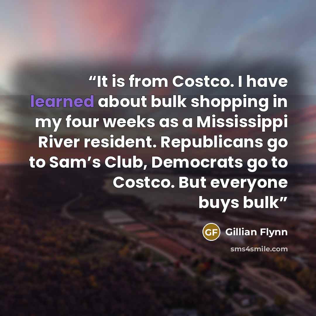 “It is from Costco. I have learned about bulk shopping in my four weeks as a Mississippi River resident. Republicans go to Sam’s Club, Democrats go to Costco. But everyone buys bulk” quote by Gillian Flynn