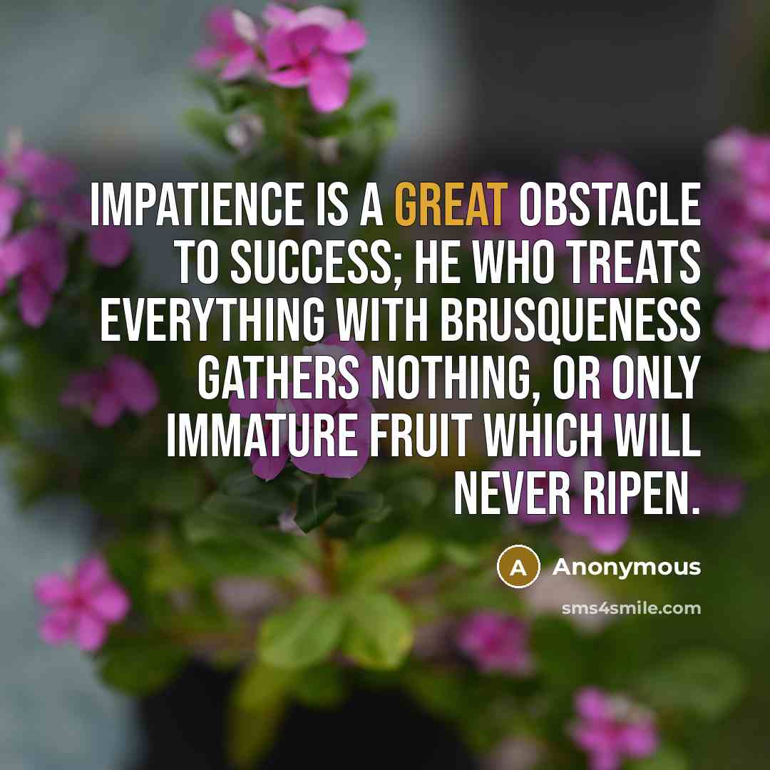 “Impatience is a great obstacle to success; he who treats everything with brusqueness gathers nothing, or only immature fruit which will never ripen.” quote by Anonymous