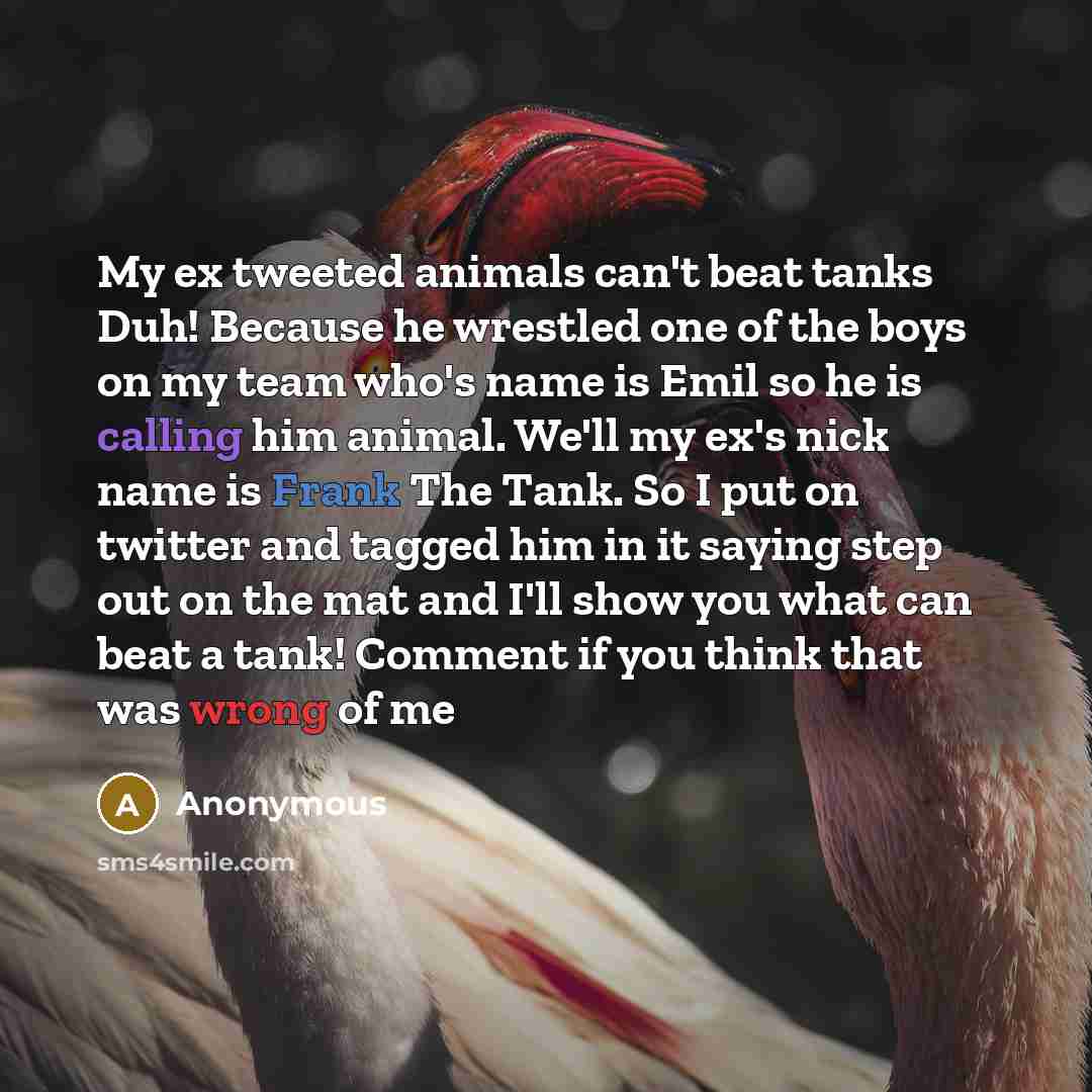 “My ex tweeted animals can't beat tanks Duh! Because he wrestled one of the boys on my team who's name is Emil so he is calling him animal. We'll my ex's nick name is Frank The Tank. So I put on twitter and tagged him in it saying step out on the mat and I'll show you what can beat a tank! Comment…” quote by Anonymous