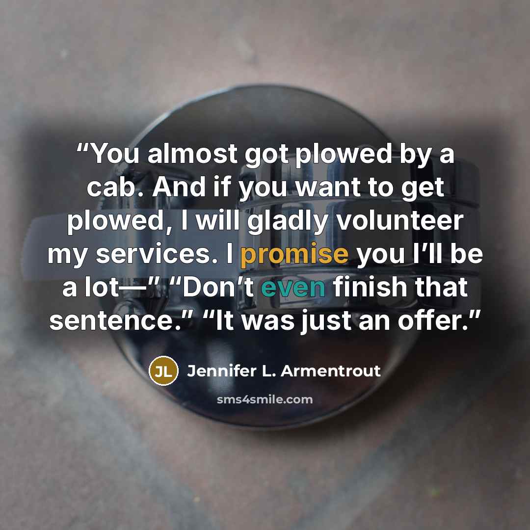 “You almost got plowed by a cab. And if you want to get plowed, I will gladly volunteer my services. I promise you I’ll be a lot—” “Don’t even finish that sentence.” “It was just an offer.” quote by Jennifer L. Armentrout