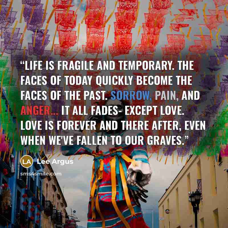 “Life is fragile and temporary. The faces of today quickly become the faces of the past. Sorrow, pain, and anger... it all fades- except love. Love is forever and there after, even when we've fallen to our graves.” quote by Lee Argus