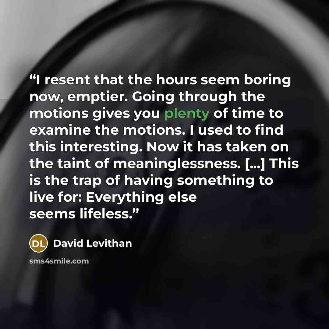 “I resent that the hours seem boring now, emptier. Going through the motions gives you plenty of time to examine the motions. I used to find this interesting. Now it has taken on the taint of meaninglessness. [...] This is the trap of having something to live for: Everything else seems lifeless.” quote by David Levithan